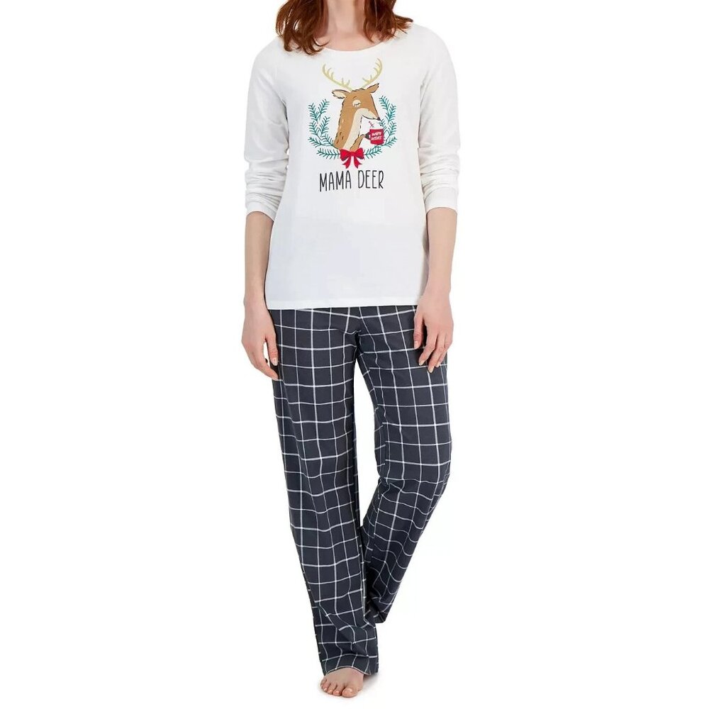 Family Pajamas Women's 2-Piece Pajama Set, White Gray Multi Mama Deer